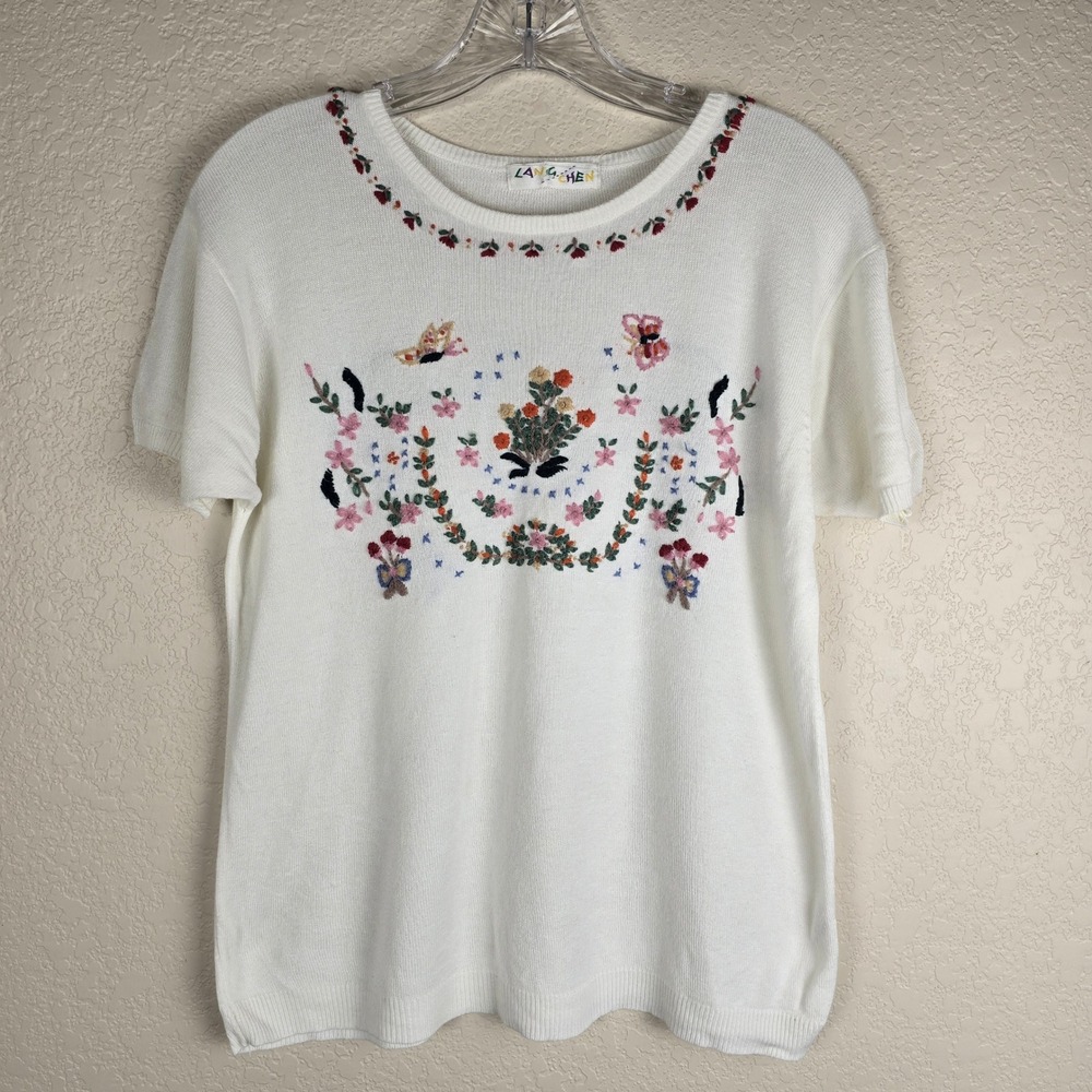 Lang-Chen Vintage Floral Embroidered Short‎ Sleeve Knit Sweater - "Size Free"